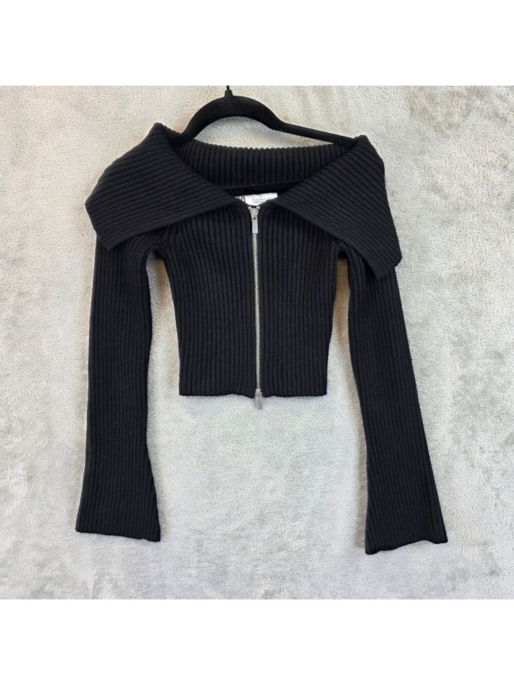 Zara Cardigan Sweater Womens XS Black Ribbed Full Zip Off Shoulder Fitted